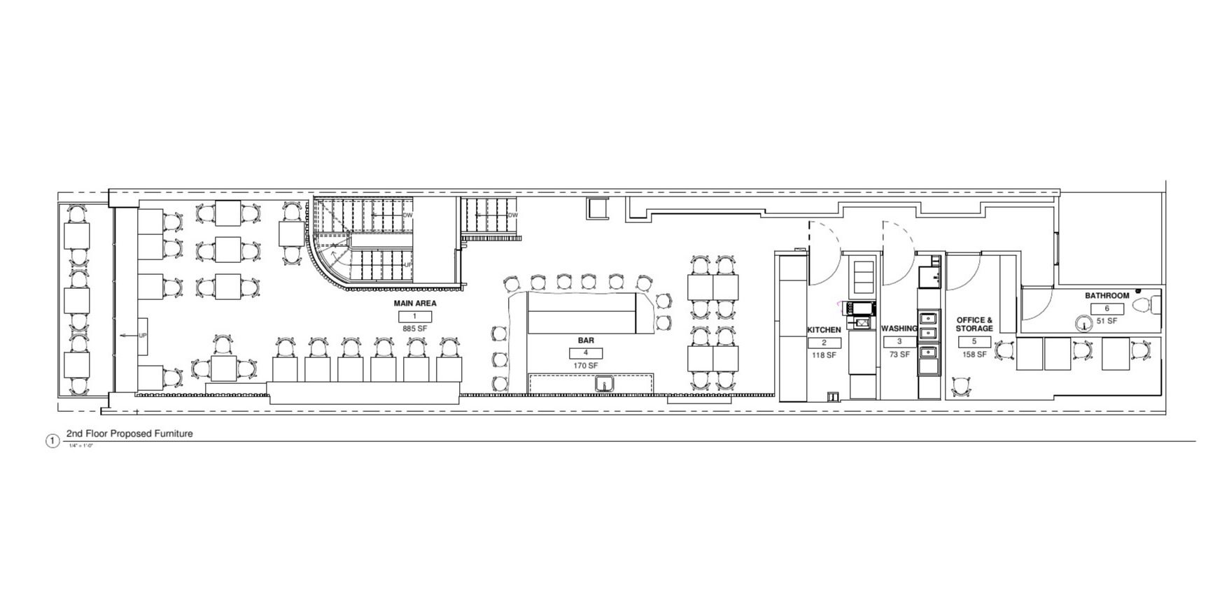 Second floor furniture plan: 885 SF main area, 170 SF bar, k